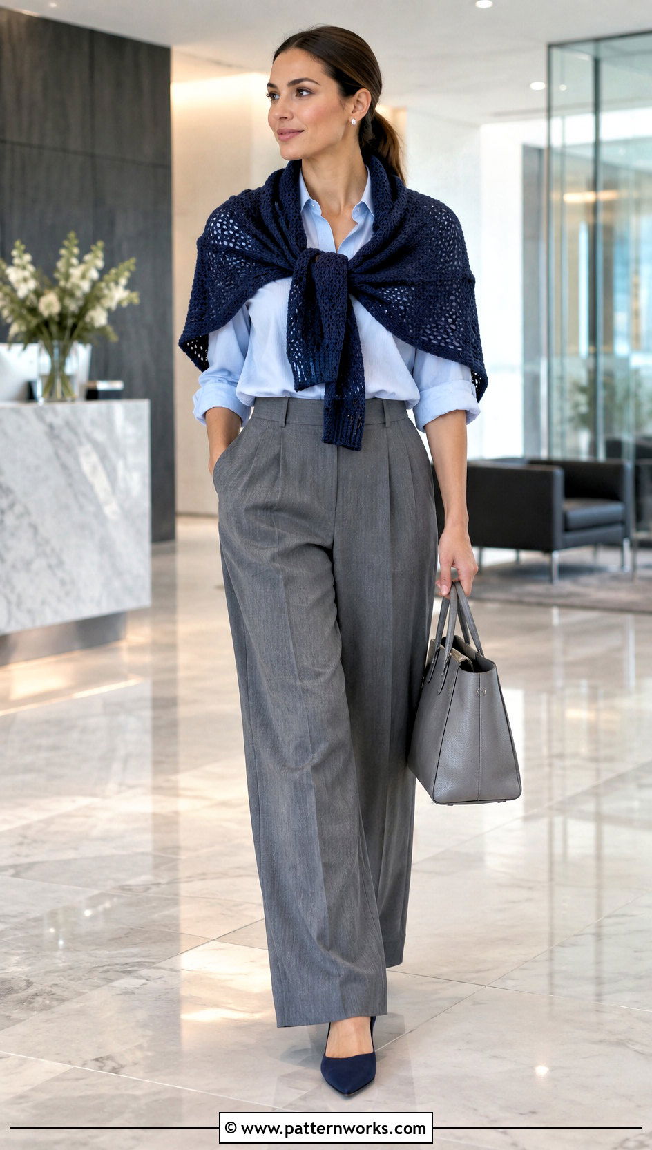 Navy Crochet Double Sleeve Scarf With Pleated Trousers - 24 crochet double sleeve scarf outfit ideas