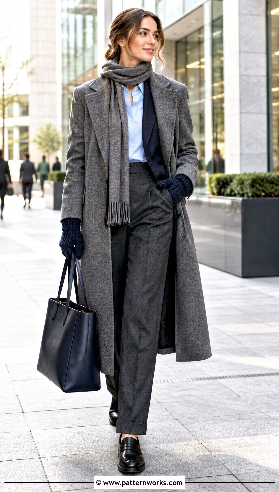Navy Velvet Crochet Mittens With Blazer And Trousers - 18 velvet crochet mittens outfit ideas
