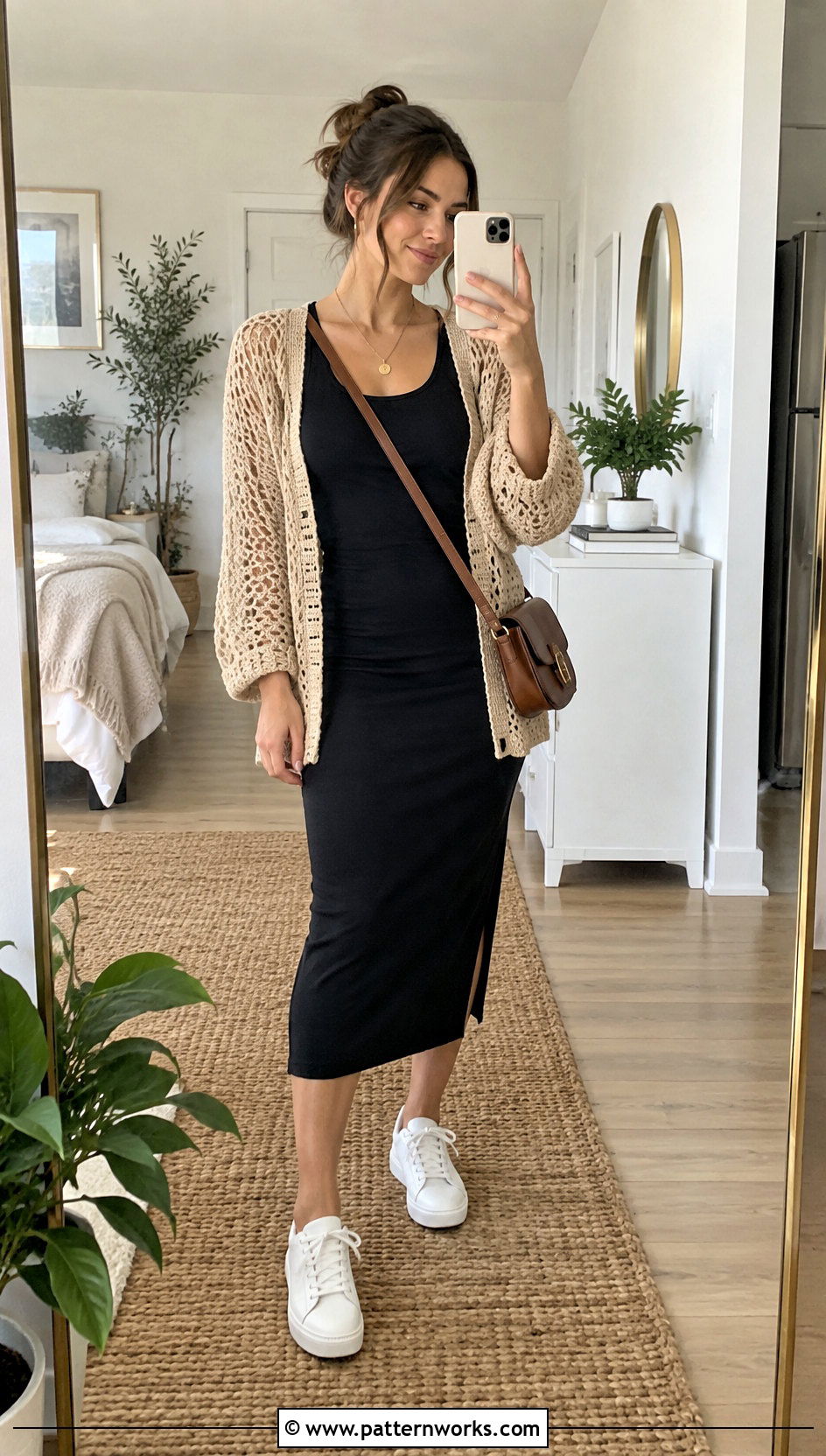 Neutral Crochet Cardigan With a Tank Dress - 30 cute crochet cardigan outfit ideas