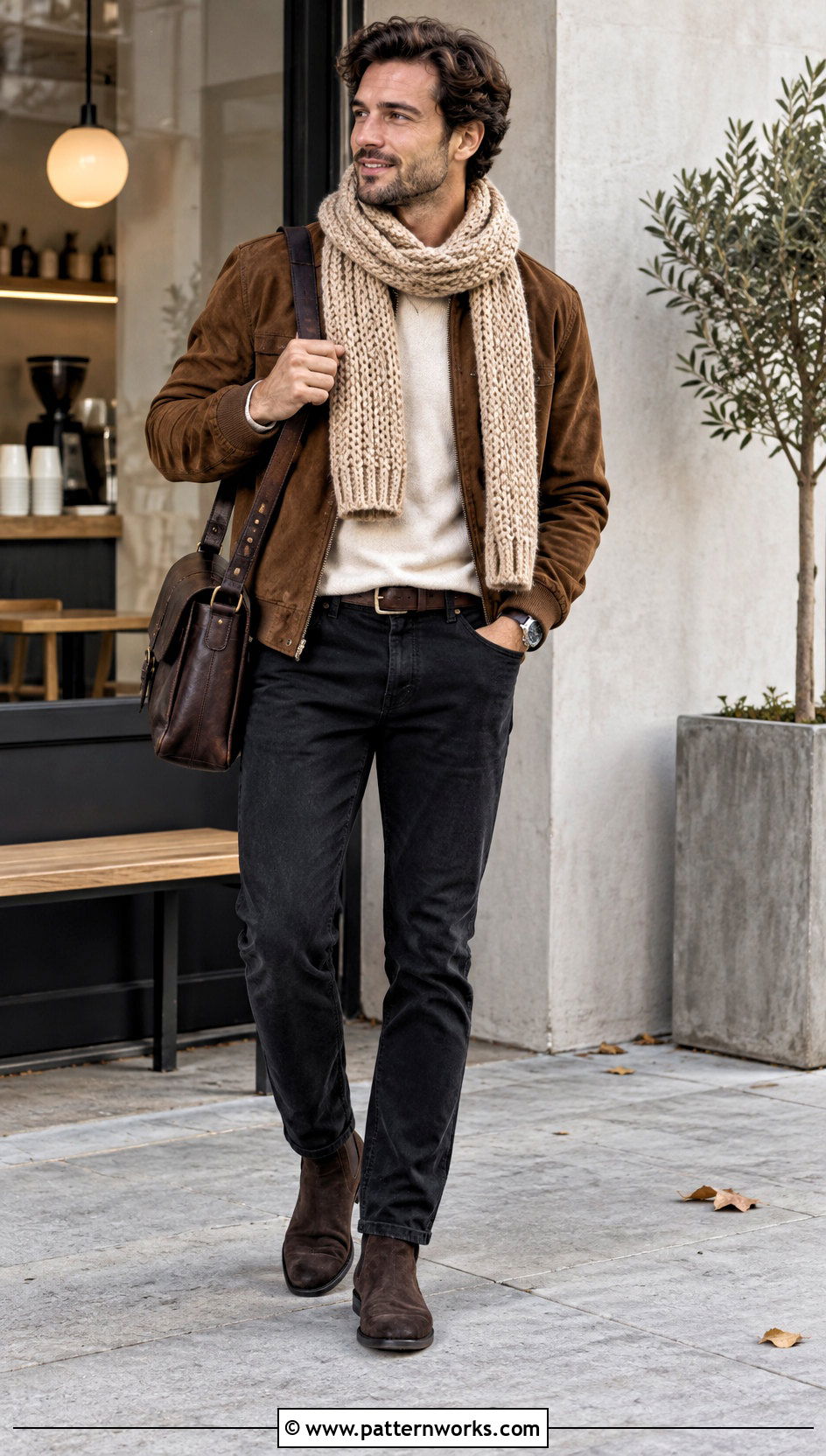 Neutral Crochet Scarf With Suede Jacket - 30 Mens Crochet Scarf outfit ideas
