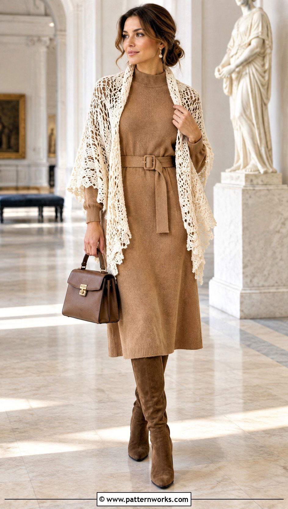 Neutral Crochet Shawl With Sweater Dress - 24 Fall Crochet Shawl outfit ideas