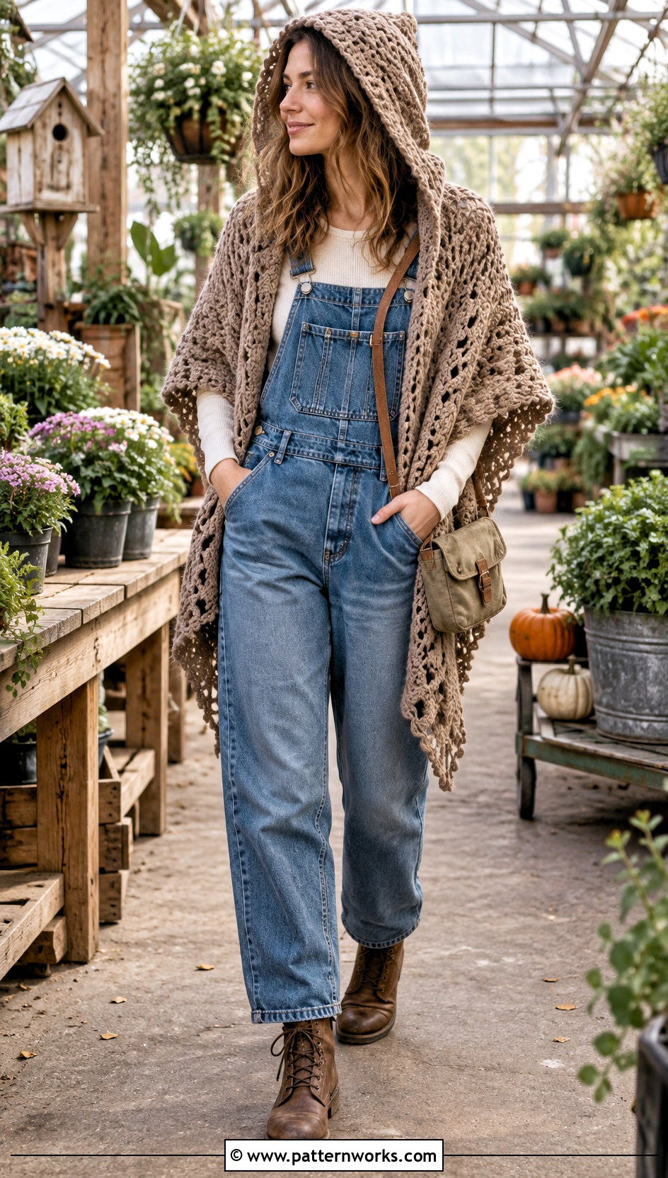 Neutral Hooded Triangle Crochet Shawl With Denim Overalls - 24 Hooded Triangle Crochet Shawl outfit ideas