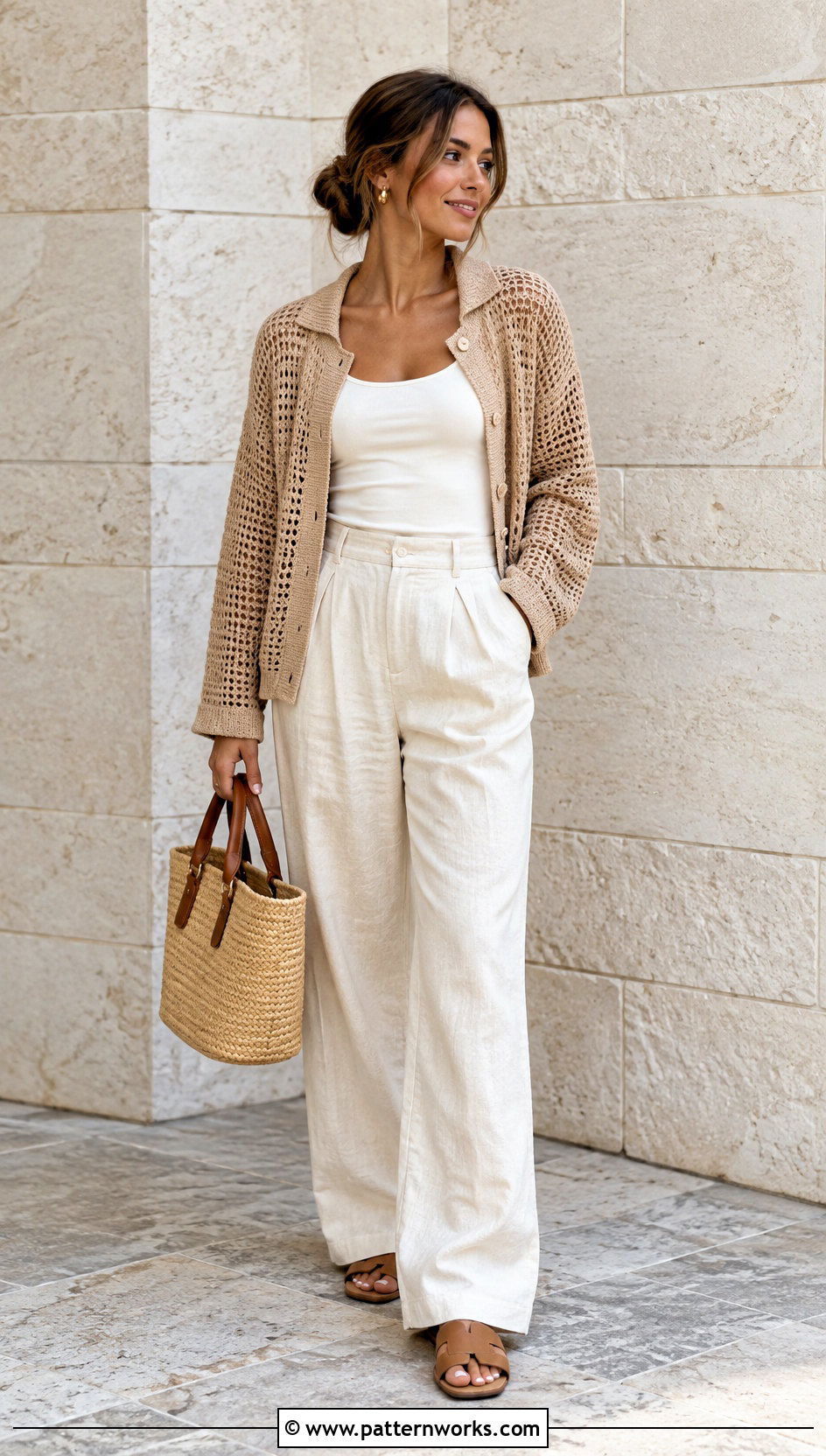 Neutral Top Down Crochet Cardigan With Linen Trousers - 30 top down crochet cardigan outfit ideas
