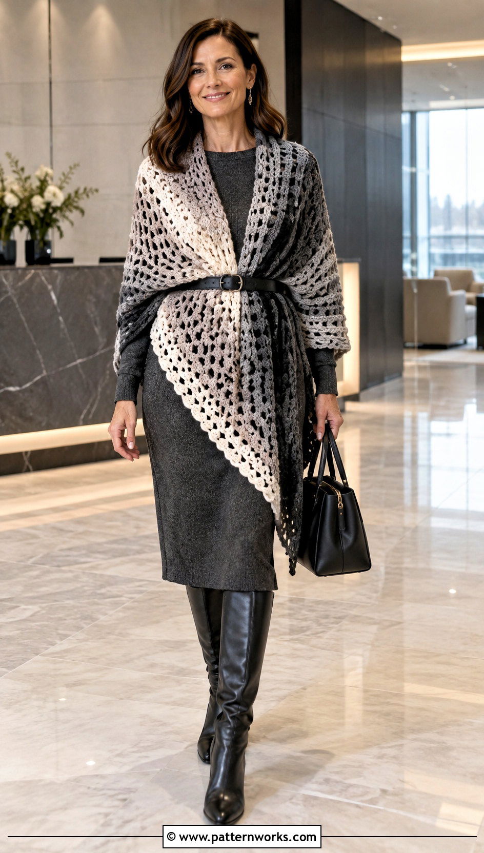 Never Ending Crochet Shawl With Belted Knit Dress - 18 Never Ending Crochet Shawl outfit ideas