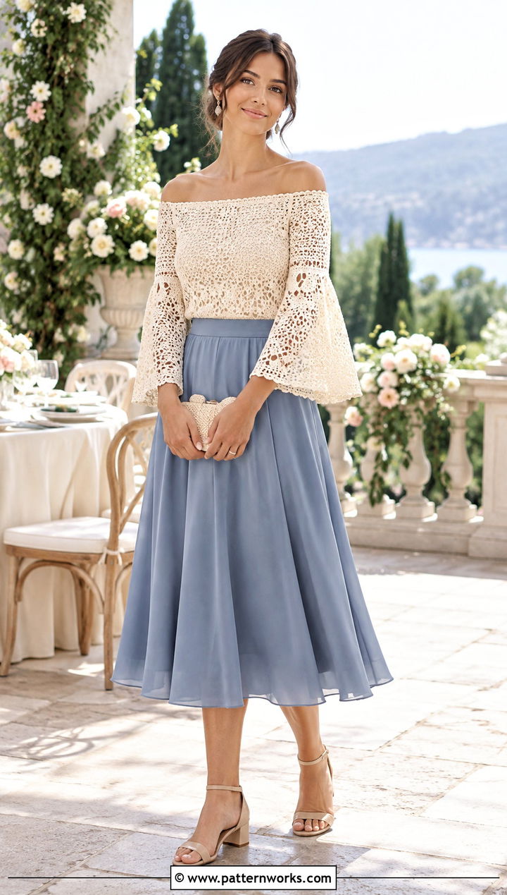 Off Shoulder Crochet Flare Sleeve Top With A Line Skirt - 18 Crochet Top With Flare Sleeves outfit ideas