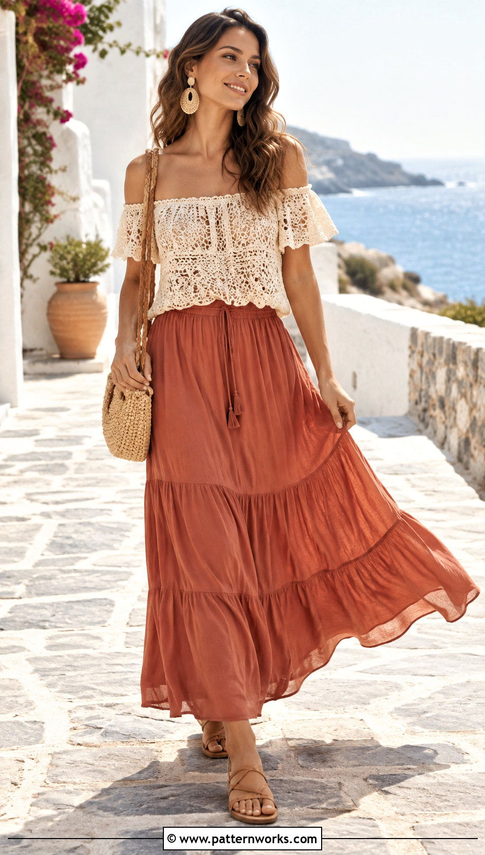 Off Shoulder Crochet Lace Blouse With Maxi Skirt - 30 crochet lace blouse outfit ideas