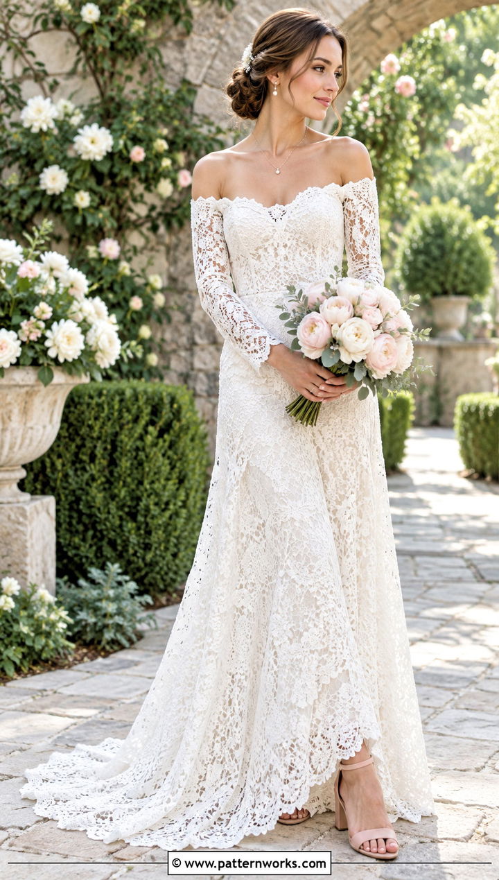 Off Shoulder Crochet Lace Wedding Dress - 30 crochet lace wedding dress outfit ideas