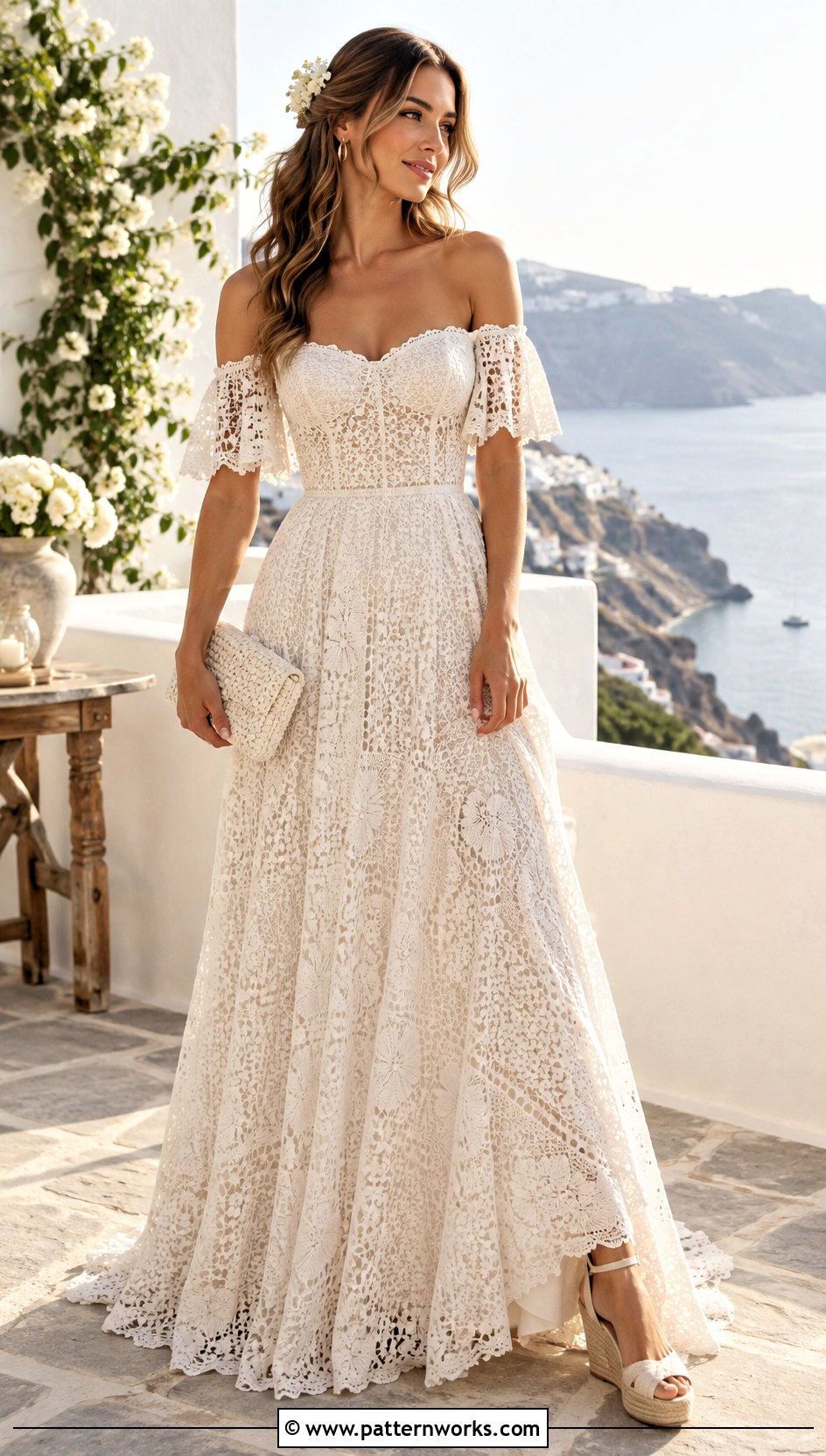 Off Shoulder Crochet Wedding Dress With Espadrilles - 24 boho crochet wedding dress outfit ideas