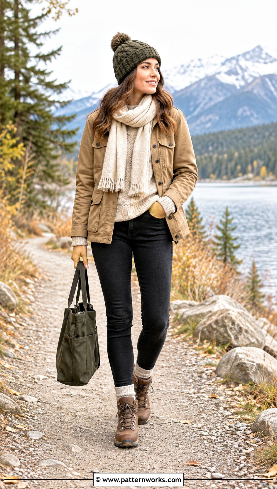 Olive Cable Crochet Hat With Utility Jacket - 24 Cable Crochet Hat outfit ideas