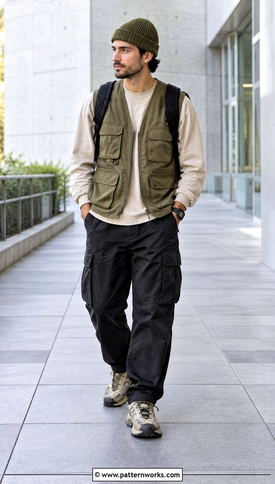 Olive Crochet Beanie With Utility Vest - 24 men's crochet hats outfit ideas