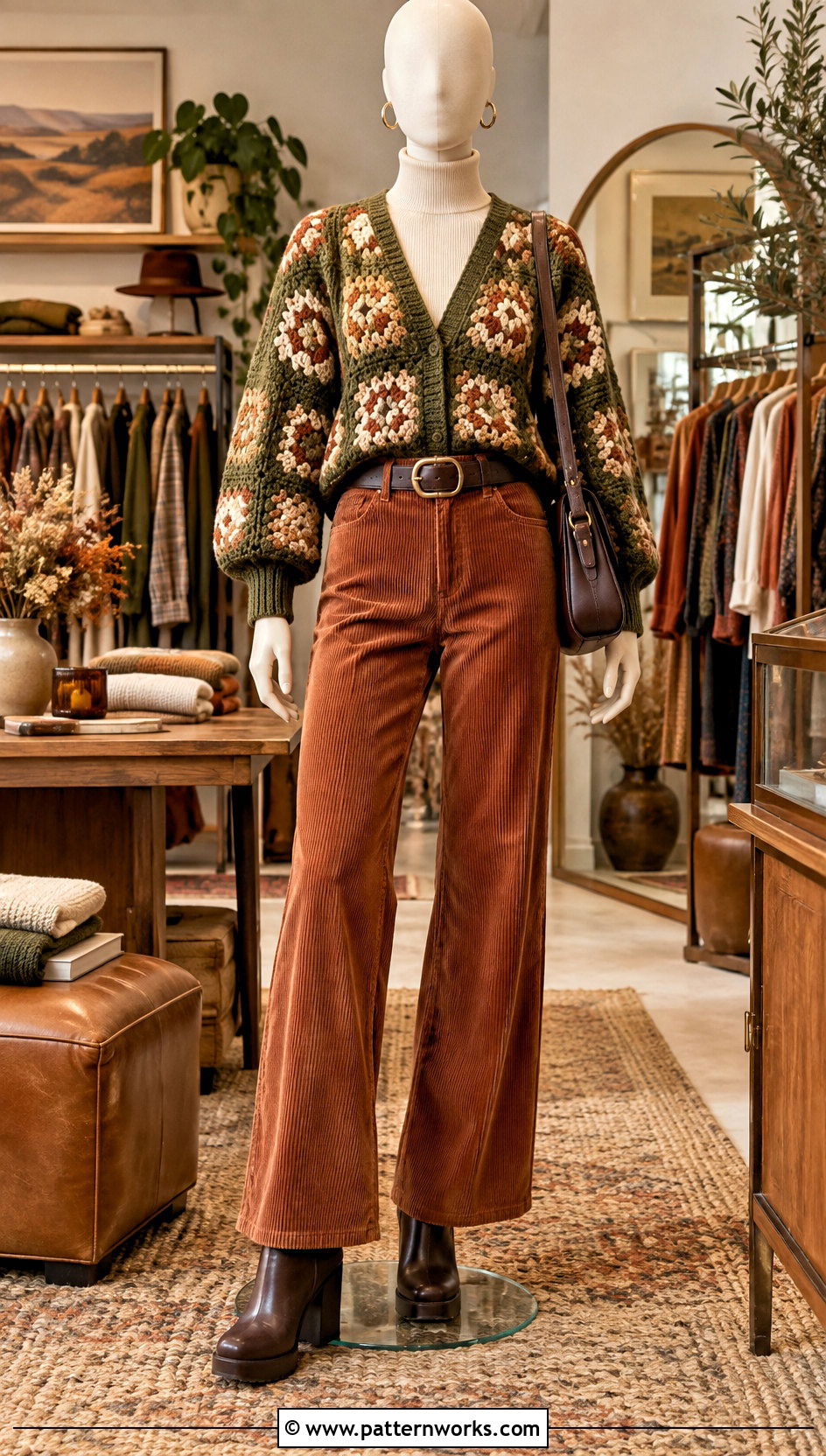 Olive Granny Square Sweater With Corduroy Pants - 18 Green Crochet Sweater On Mannequin outfit ideas