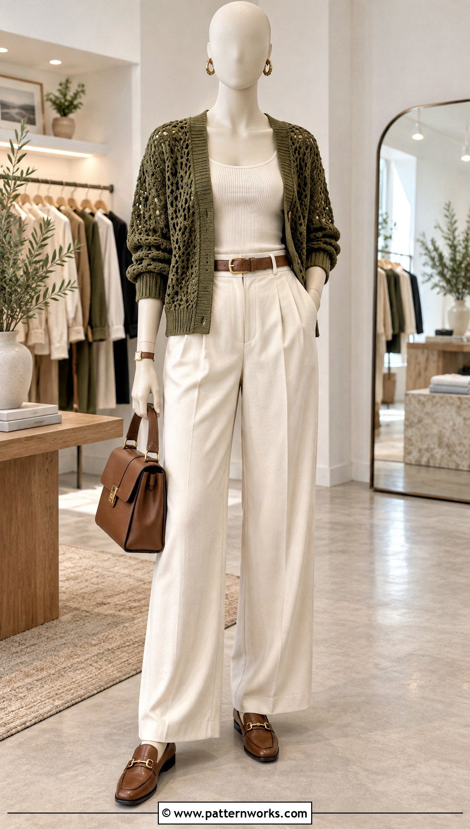 Olive Green Crochet Cardigan With Cream Trousers - 18 Green Crochet Sweater On Mannequin outfit ideas