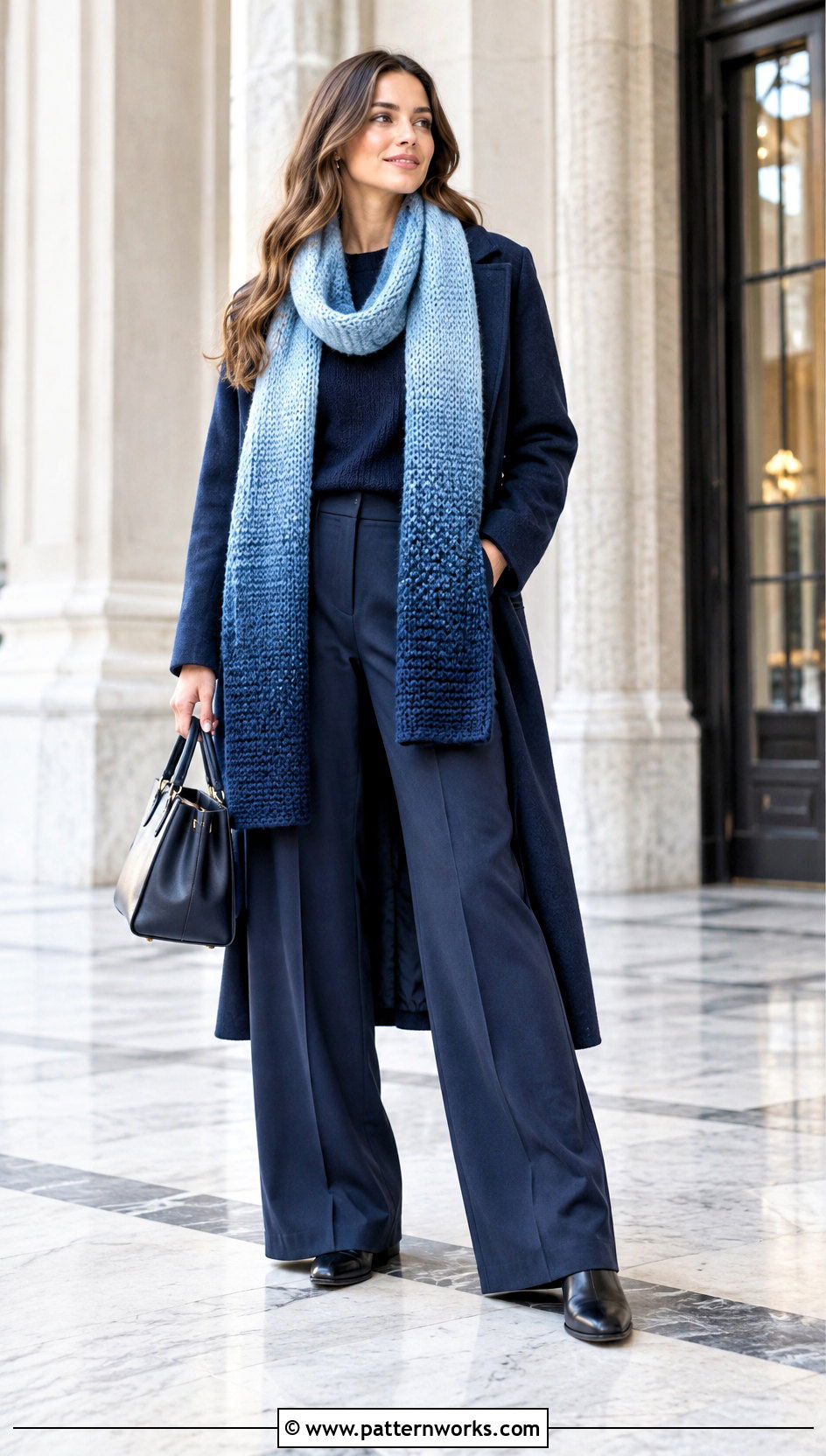 Ombre Crochet Scarf With Monochrome Outfit - 30 crochet scarf ideas