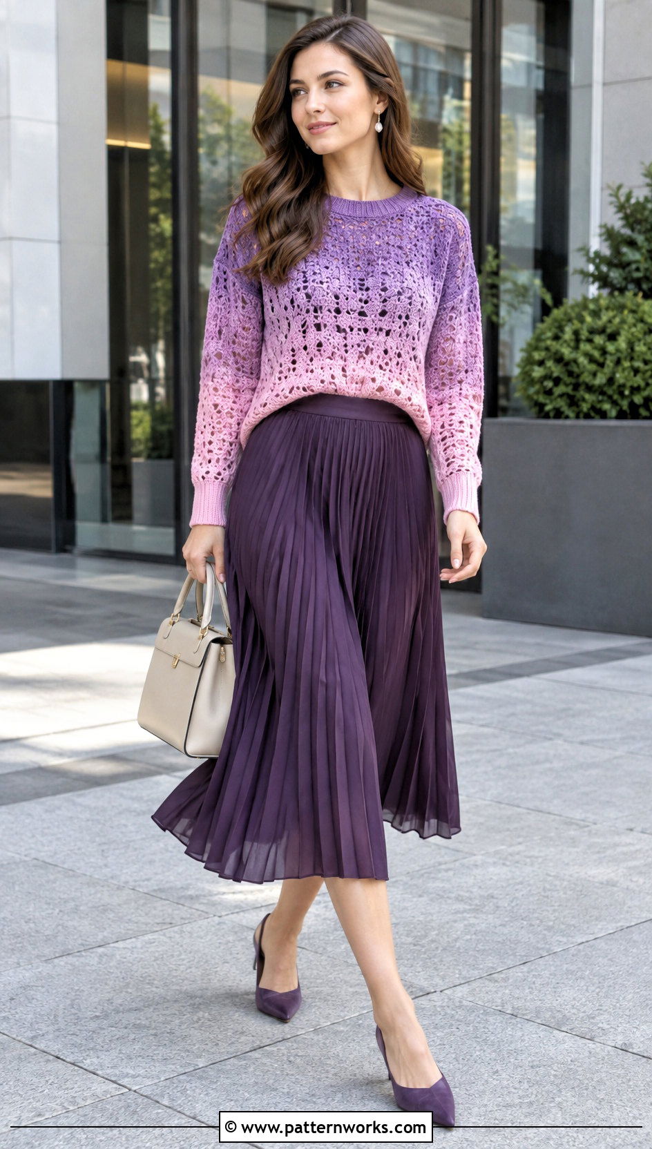 Ombre Crochet Sweater With Pleated Midi Skirt - 24 Colorful Crochet Sweater Ideas