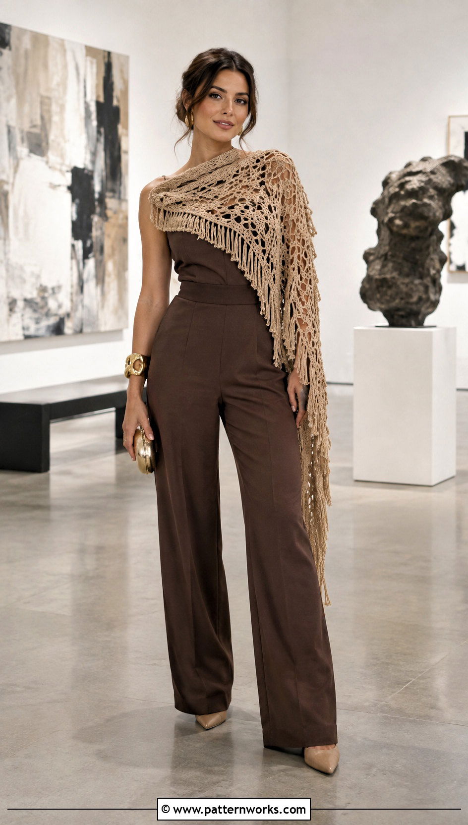 One Skein Textured Crochet Shawl With Jumpsuit - 30 one skein crochet shawl outfit ideas