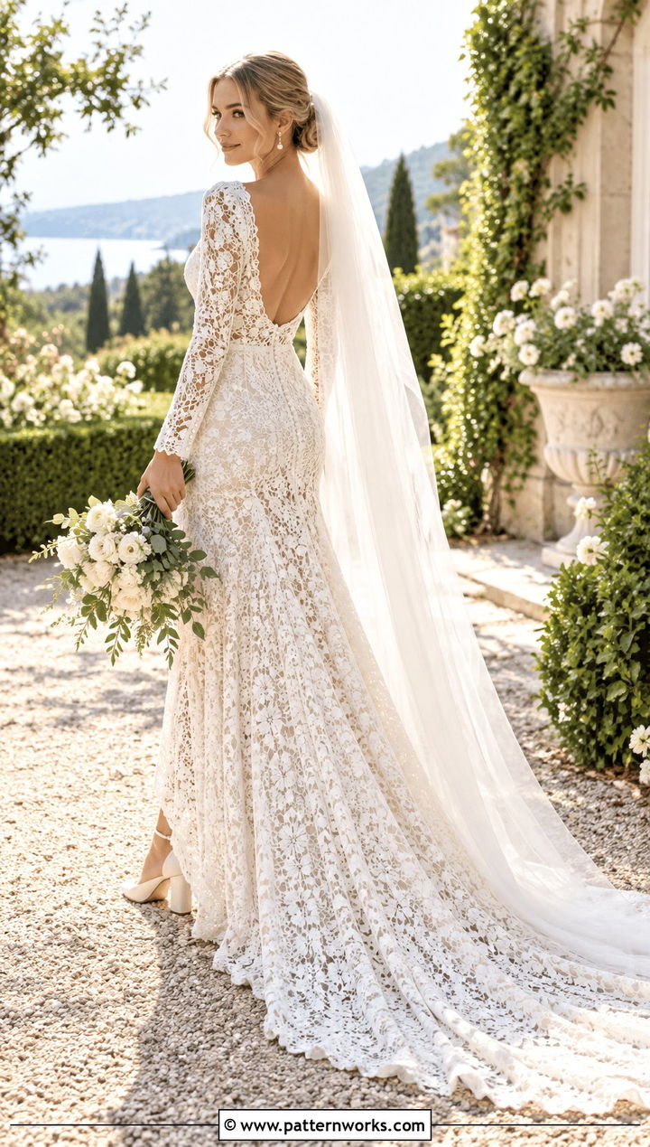 Open Back Long Sleeve Crochet Wedding Dress - 18 long sleeve crochet wedding dress outfit ideas