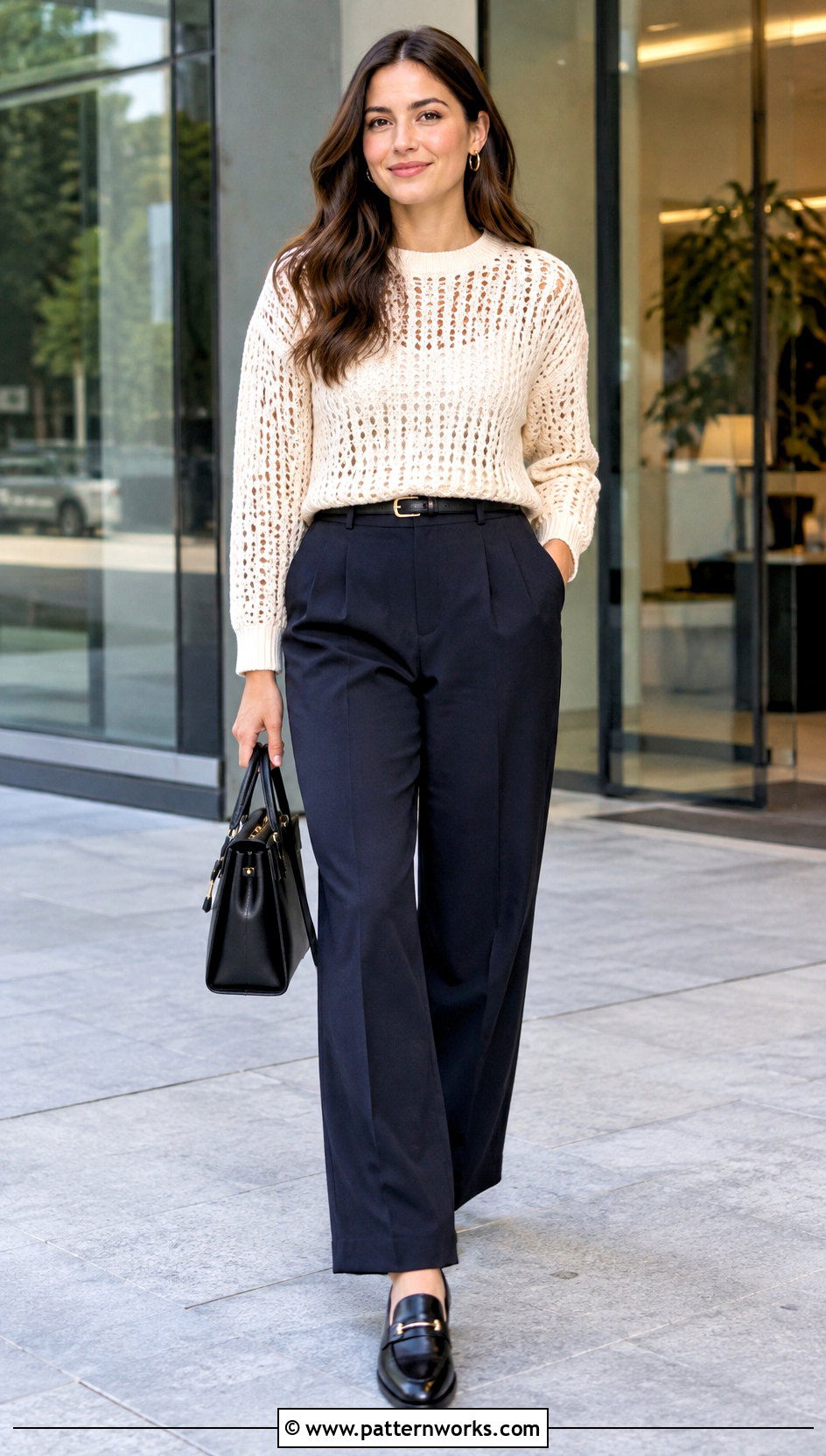 Open Knit Crochet Sweater With Tailored Trousers - 18 Open Knit Crochet Sweater outfit ideas