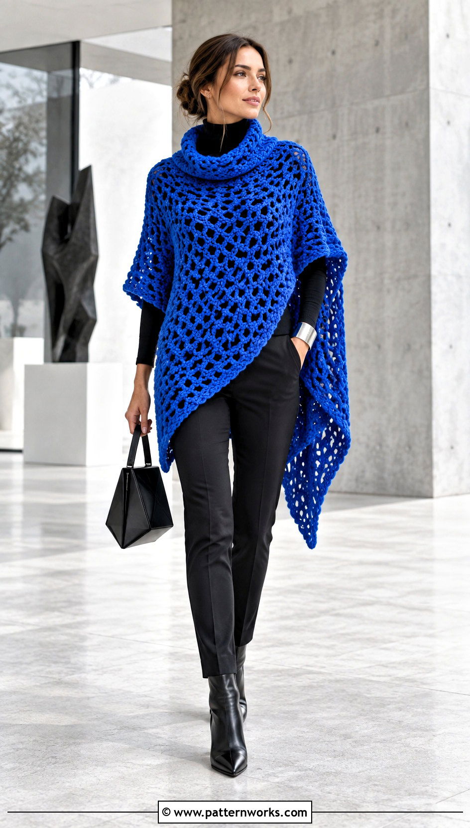 Open Side Crochet Poncho With Monochrome Layers - 30 woman winter crochet poncho outfit ideas