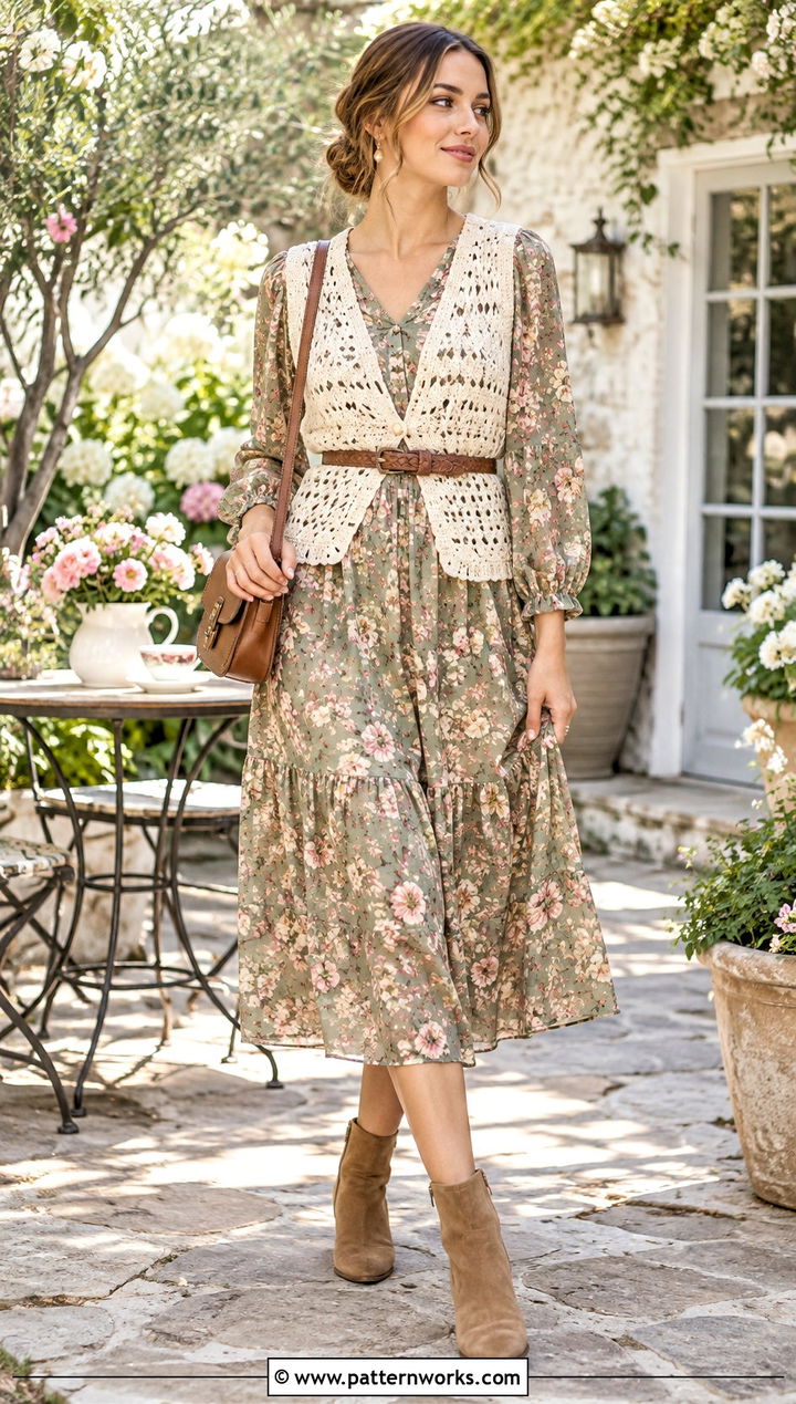 Open Stitch Crochet Slipover Vest With Floral Dress - 18 crochet slip over vest outfit ideas