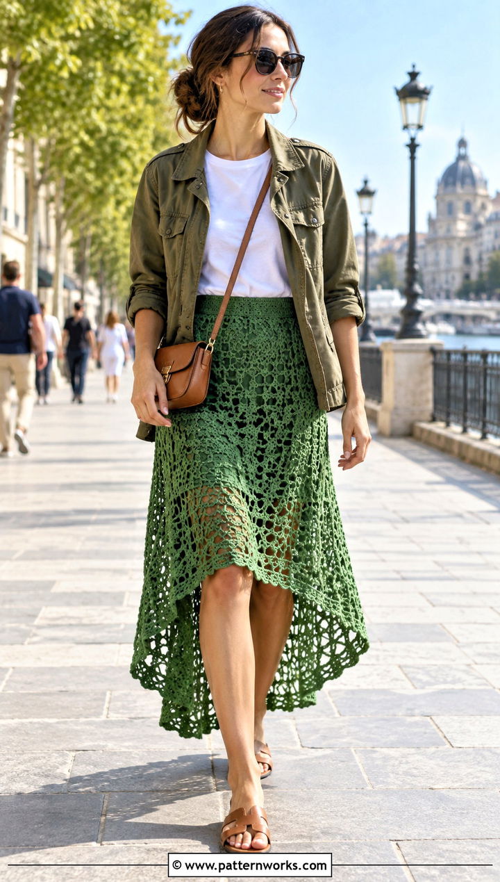 Openwork High Low Crochet Skirt With a Utility Jacket - 30 Crochet Asymmetrical Skirt outfit ideas