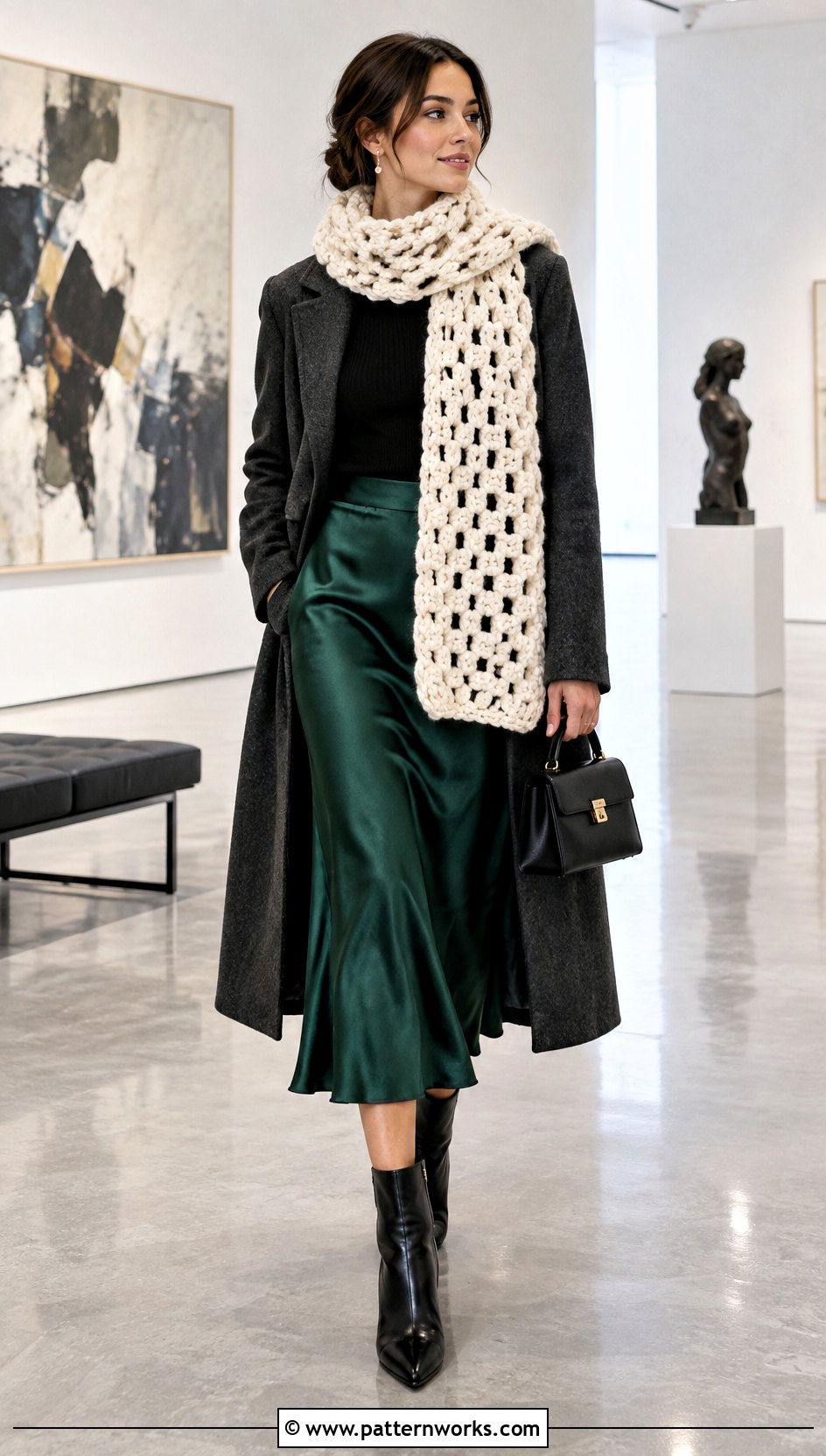 Openwork Super Bulky Crochet Scarf With Satin Skirt - 18 Super Bulky Crochet Scarf outfit ideas
