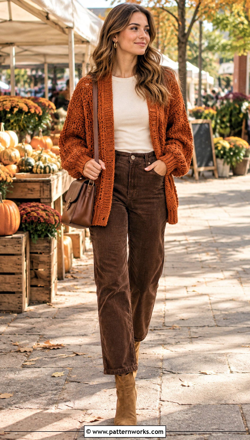 Orange Crochet Chenille Cardigan Outfit With Corduroy Pants - 30 crochet chenille cardigan outfit ideas