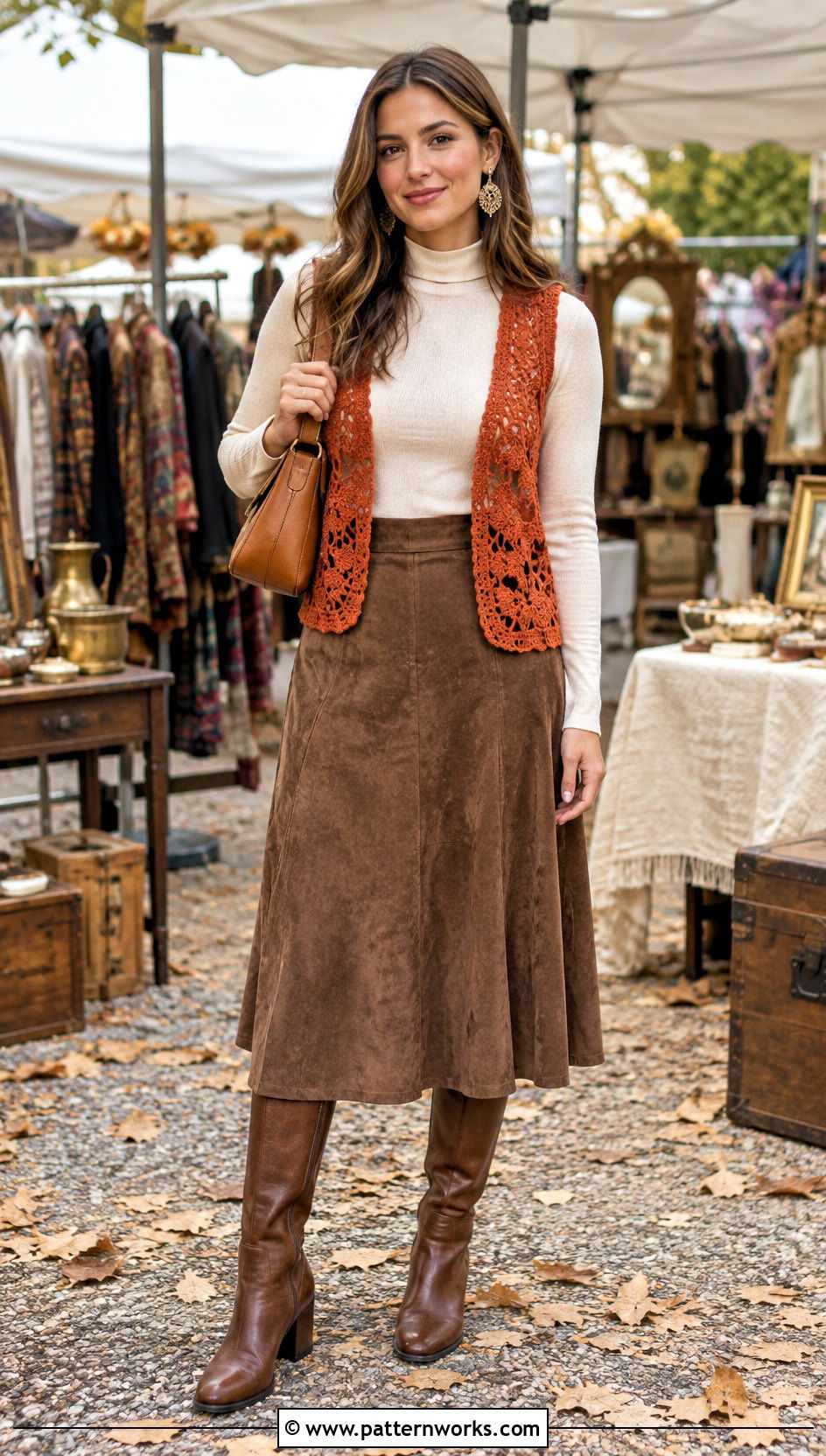 Orange Crochet Hippie Vest Outfit With Suede Skirt - 24 crochet hippie vest outfit ideas