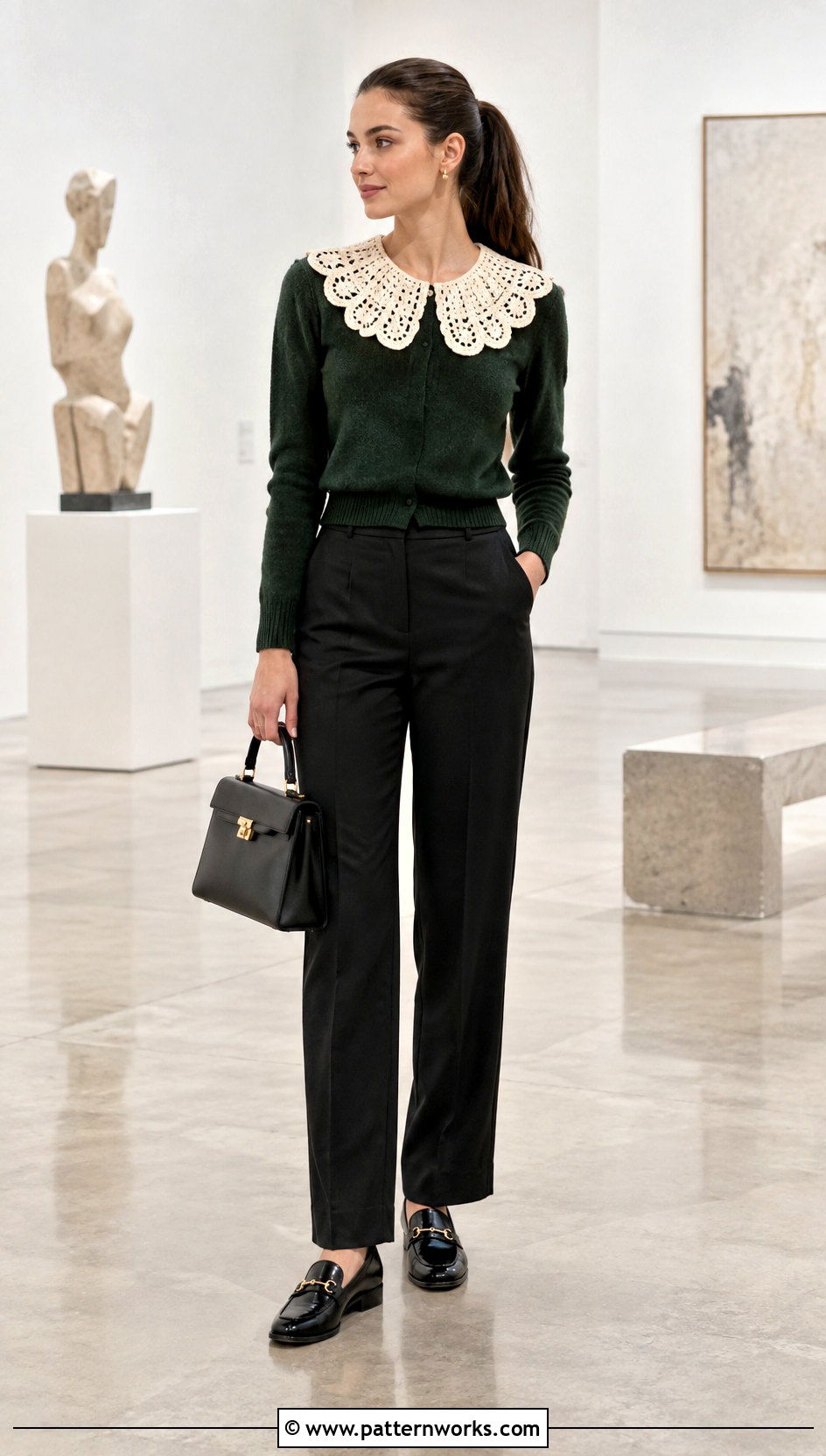 Oversized Crochet Collar With Sweater And Trousers - 18 Crocheted Collars outfit ideas