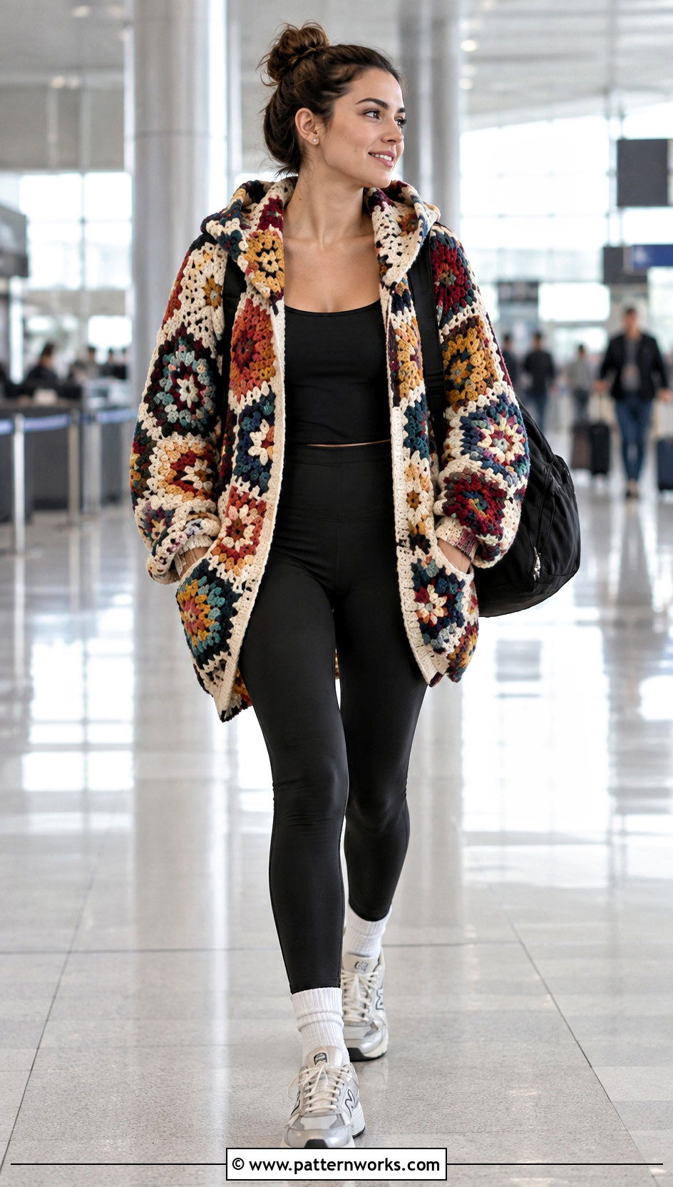 Oversized Crochet Hexagon Cardigan With Hood And Black Leggings - 24 Crochet Hexagon Cardigan With Hood outfit ideas