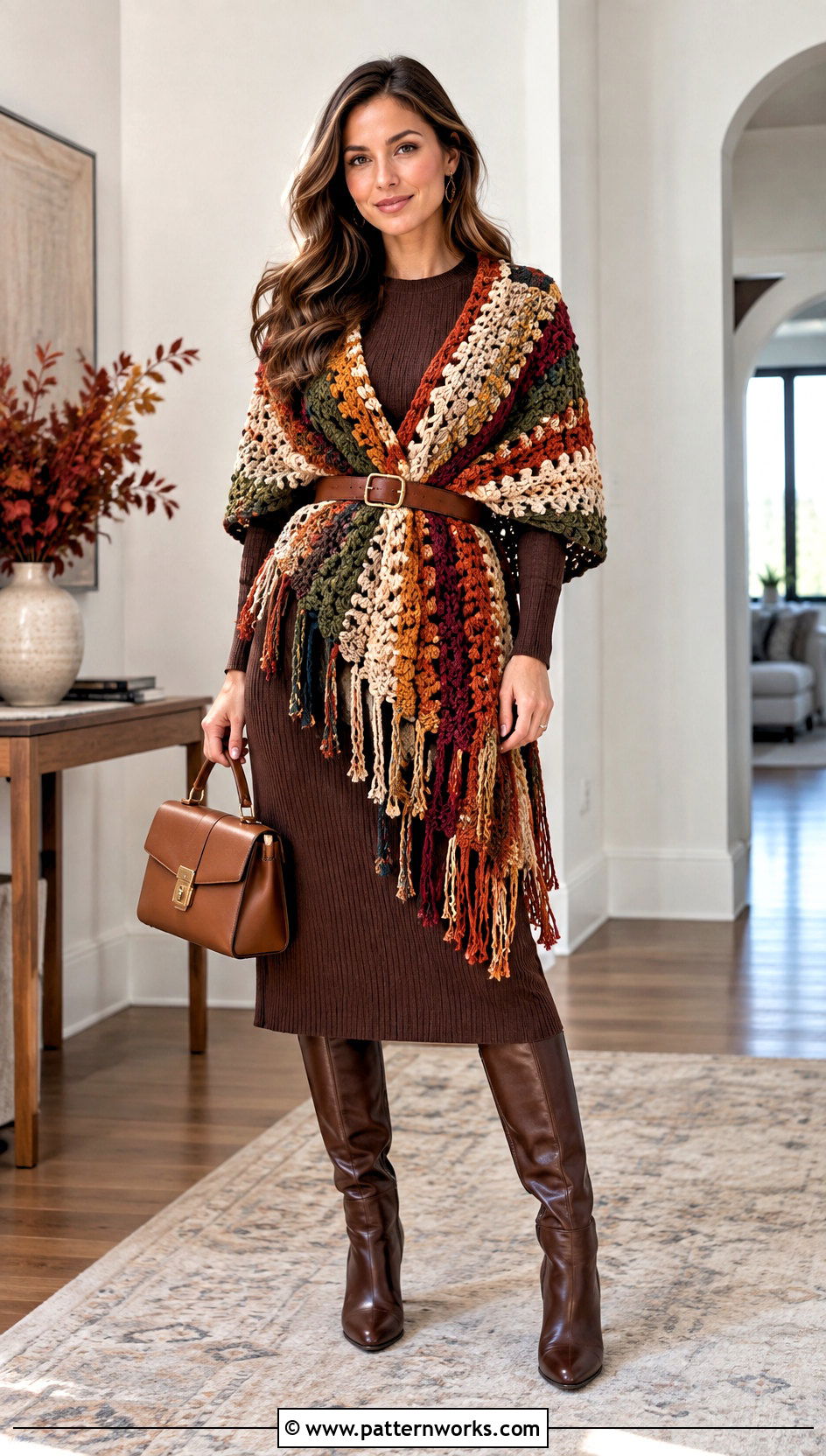 Oversized Crochet Mantle Scarf With Belted Dress - 18 Crochet Mantle Scarf outfit ideas