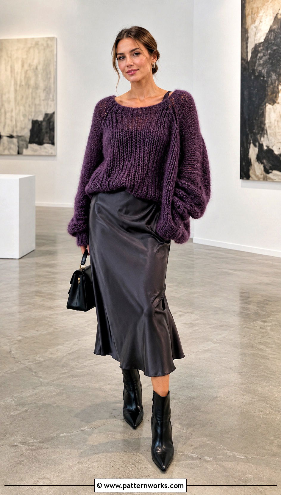 Oversized Crochet Mohair Raglan Sweater With Satin Midi Skirt - 18 Crochet Mohair Raglan Sweater outfit ideas
