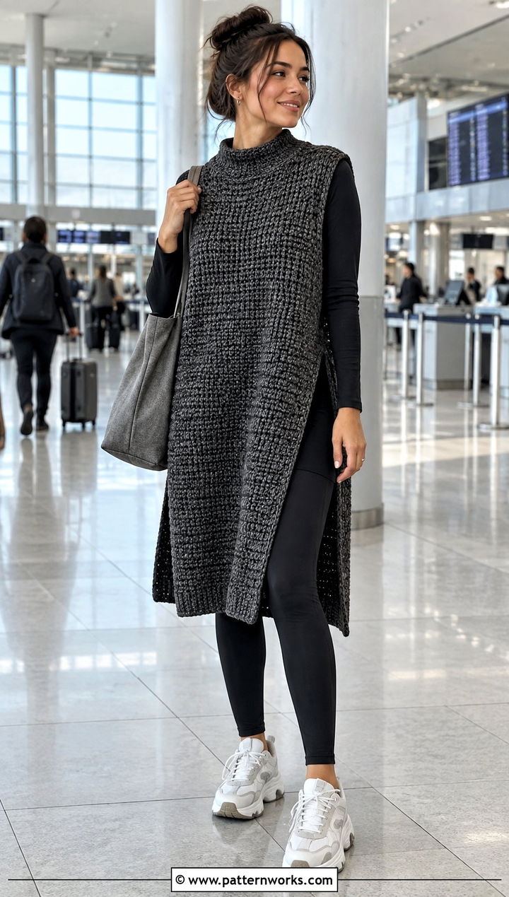 Oversized Crochet Slipover Vest With Leggings - 18 crochet slip over vest outfit ideas