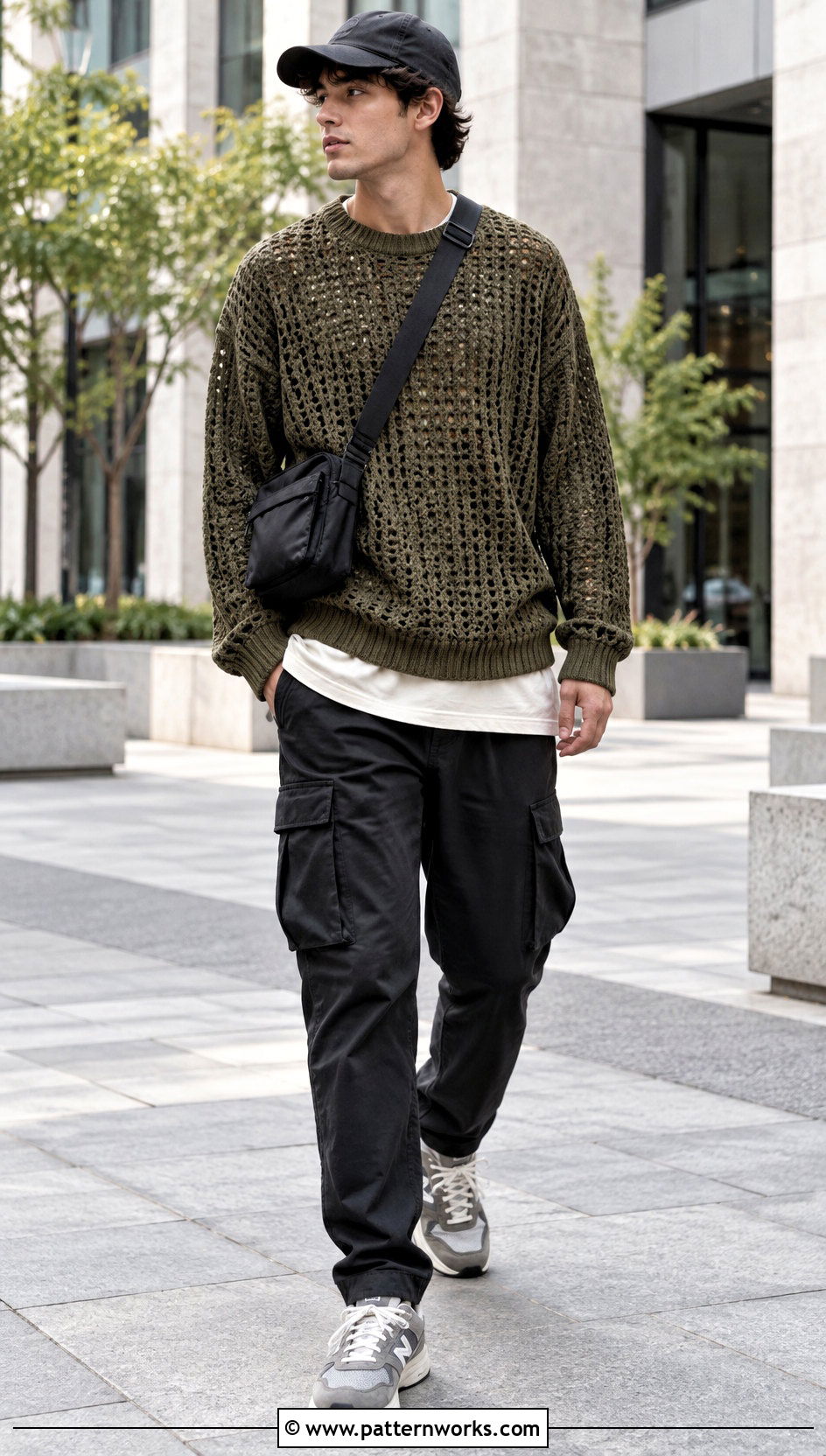Oversized Crochet Sweater With Cargo Pants - 30 mens crochet sweater outfit ideas
