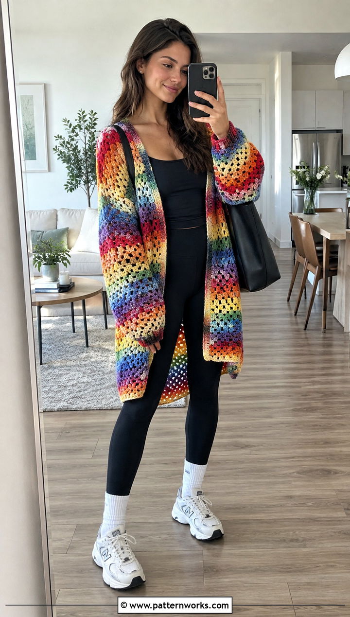 Oversized Crochet Sweater With Leggings - 30 colorful crochet sweater outfit ideas