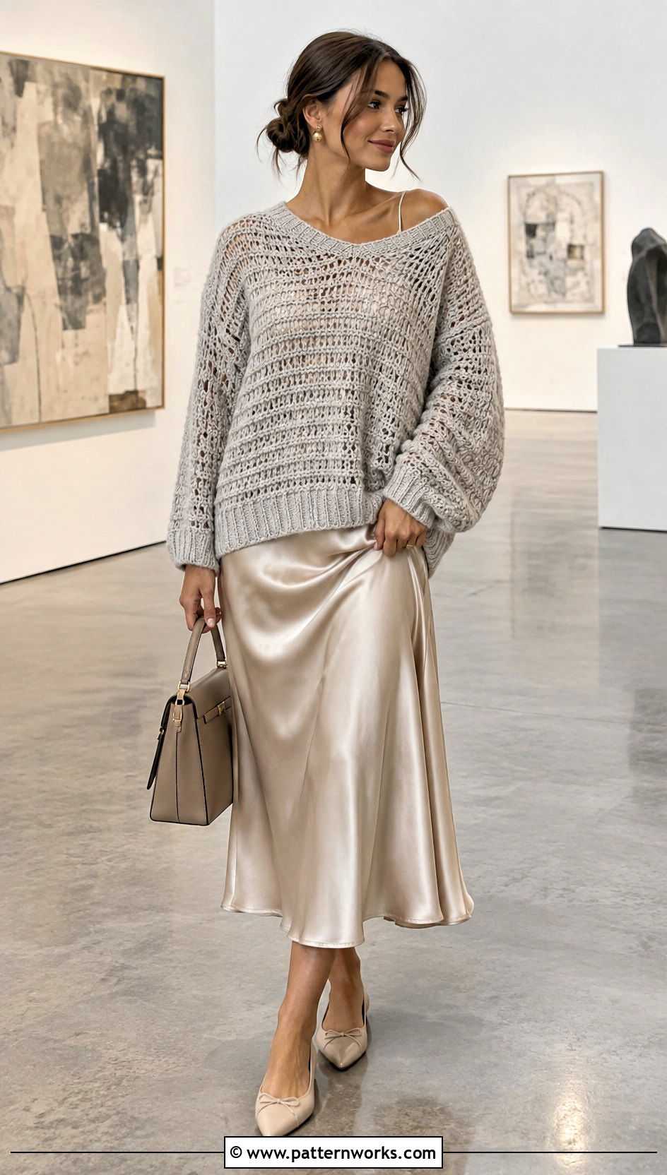 Oversized Crochet Sweater With Satin Midi Skirt - 24 crochet sweater and skirt outfit ideas