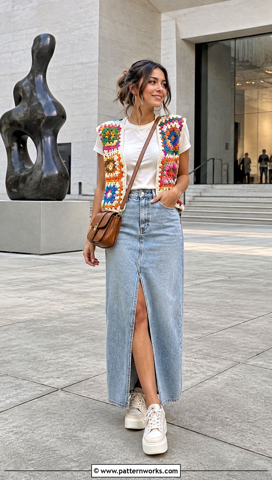 Oversized Crochet Vest With Denim Maxi Skirt - 24 oversize crochet vest outfit ideas