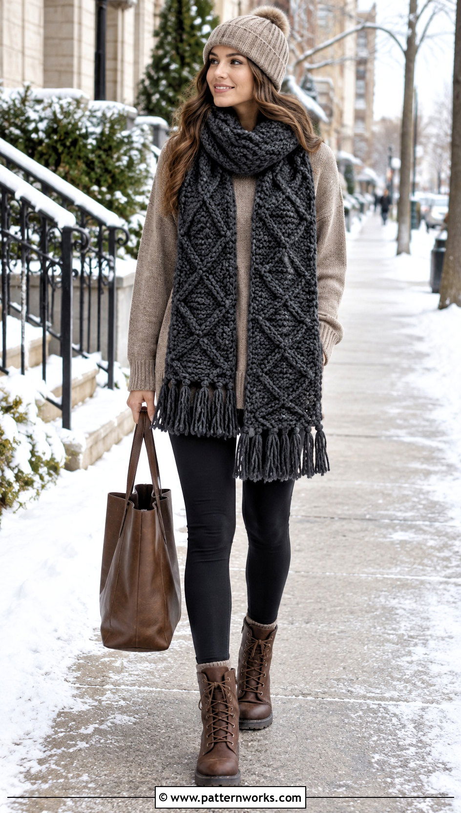Oversized Diamond Crochet Scarf With Sweater And Leggings - 18 diamond crochet scarf outfit ideas