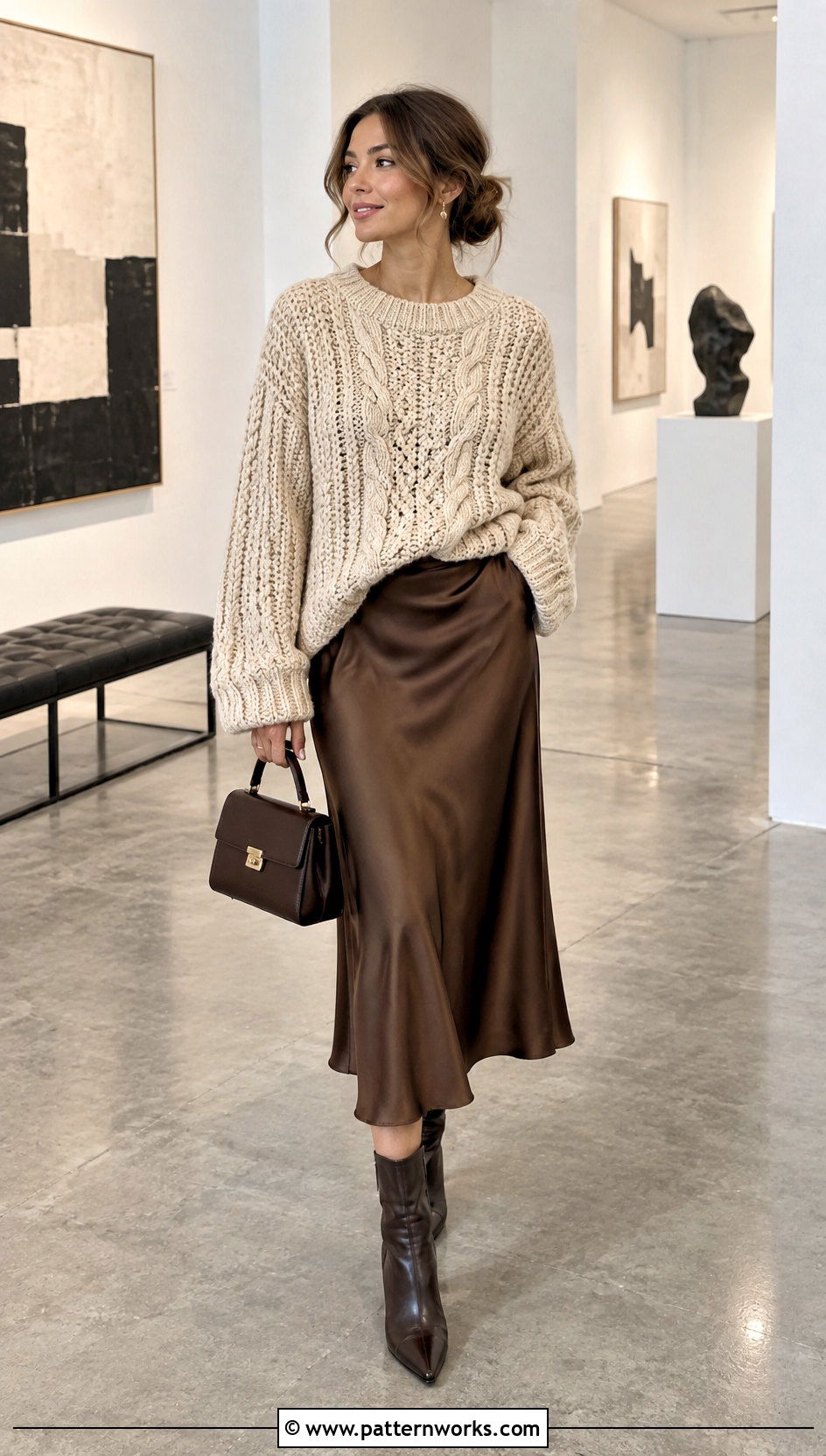Oversized Fisherman Crochet Sweater With Satin Midi Skirt - 24 Fisherman Crochet Sweater outfit ideas