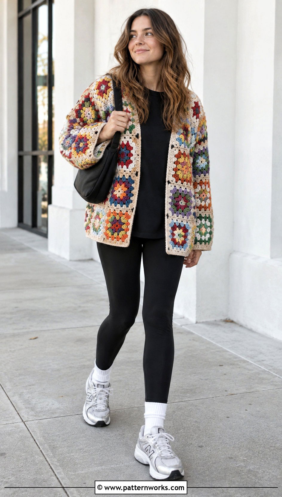 Oversized Granny Square Cardigan With Black Leggings - 30 granny squares cardigan outfit ideas