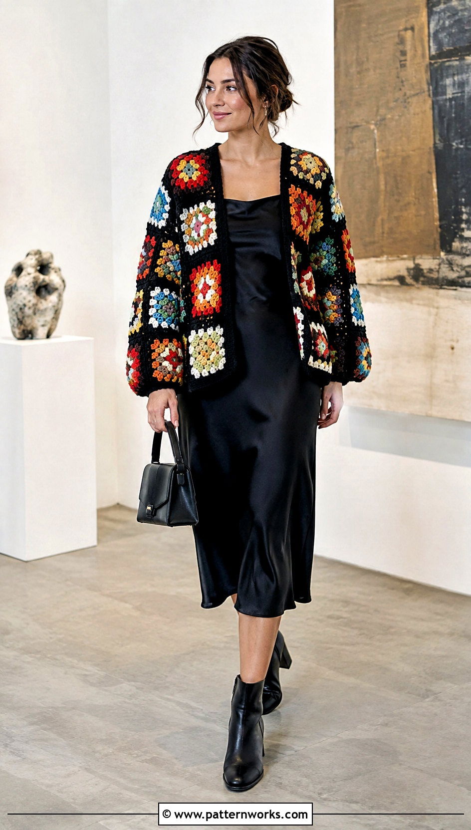 Oversized Granny Square Jacket With Slip Dress - 30 crochet granny square jacket outfit ideas