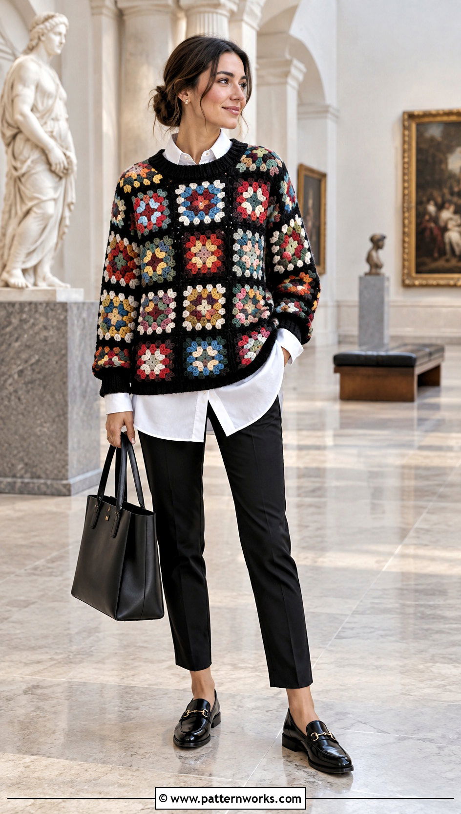 Oversized Granny Square Sweater With Layered Button Down Shirt - 30 oversized granny square sweater outfit ideas