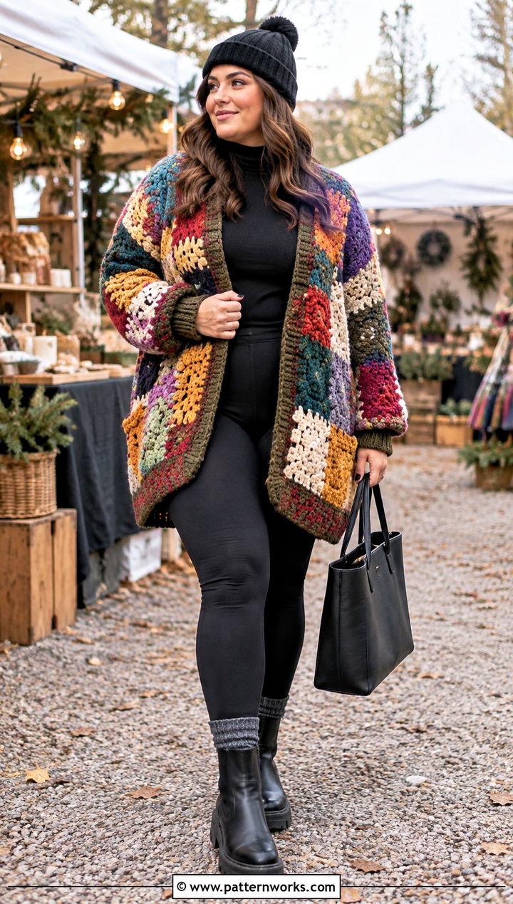 Oversized Patchwork Crochet Cardigan With Leggings And Boots - 18 oversized patchwork crochet cardigan outfit ideas
