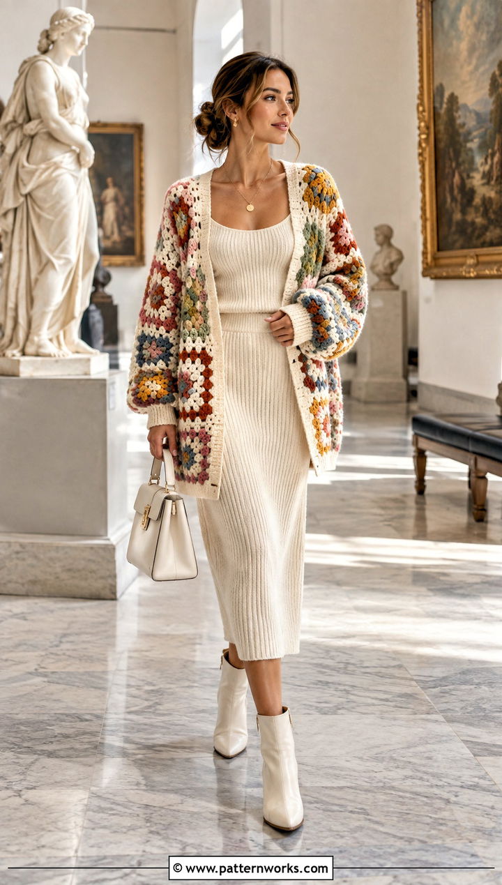 Oversized Patchwork Crochet Cardigan With Matching Knit Set - 18 oversized patchwork crochet cardigan outfit ideas