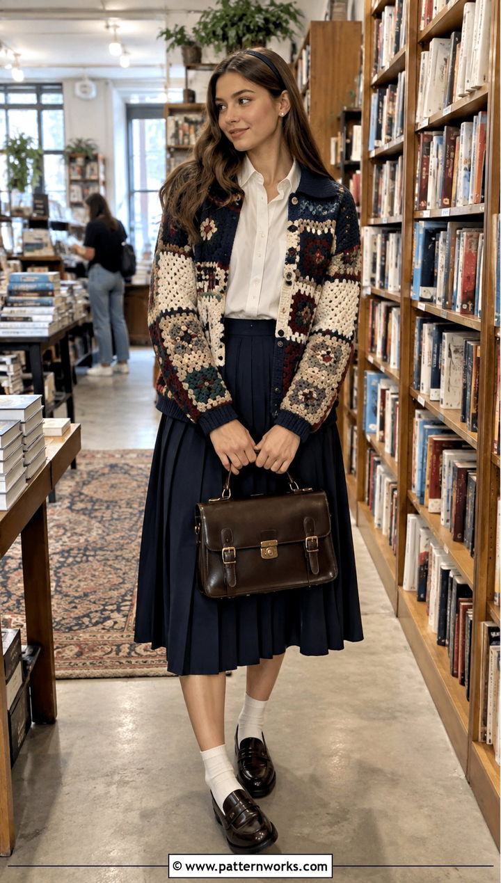 Oversized Patchwork Crochet Cardigan With Pleated Midi Skirt - 18 oversized patchwork crochet cardigan outfit ideas