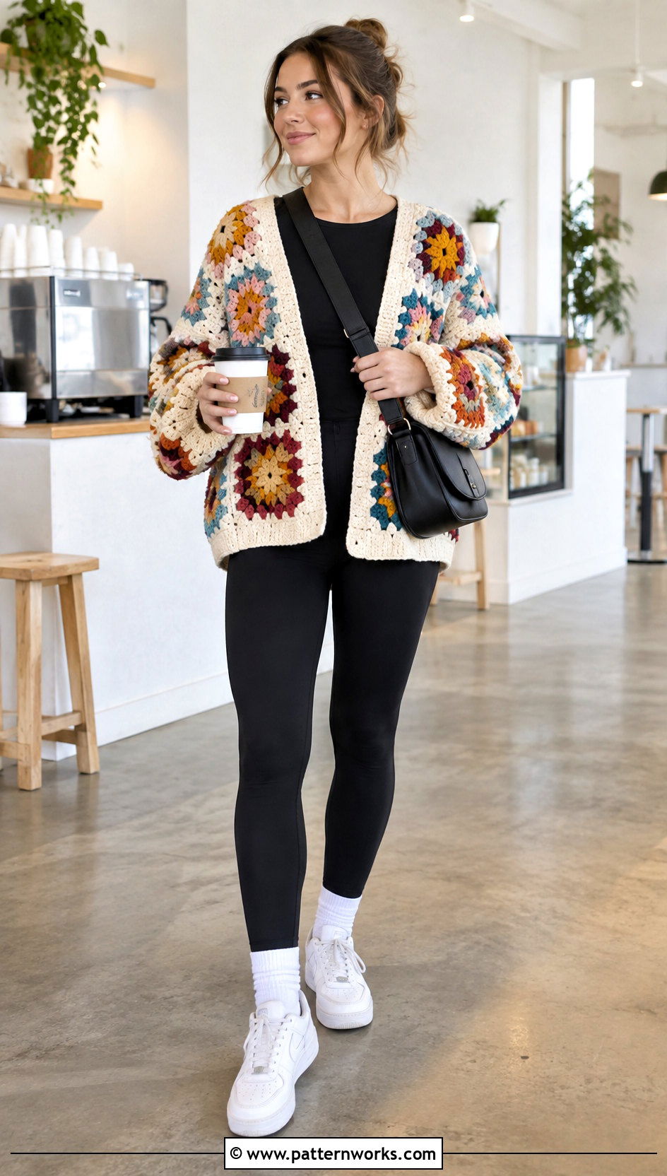 Oversized Sunburst Granny Square Cardigan With Black Leggings - 30 sunburst granny square cardigan outfit ideas