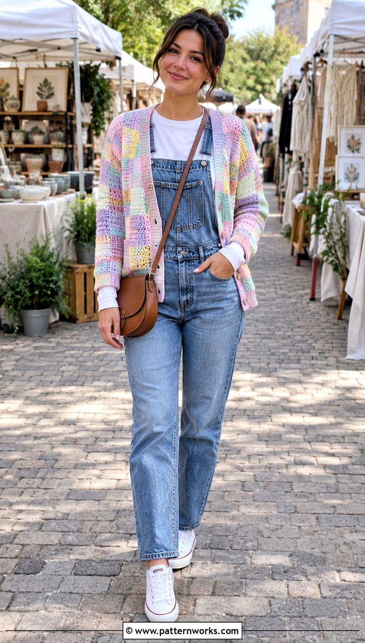Pastel Checkered Crochet Cardigan With Denim Overalls - 24 Checkered Crochet Cardigan outfit ideas