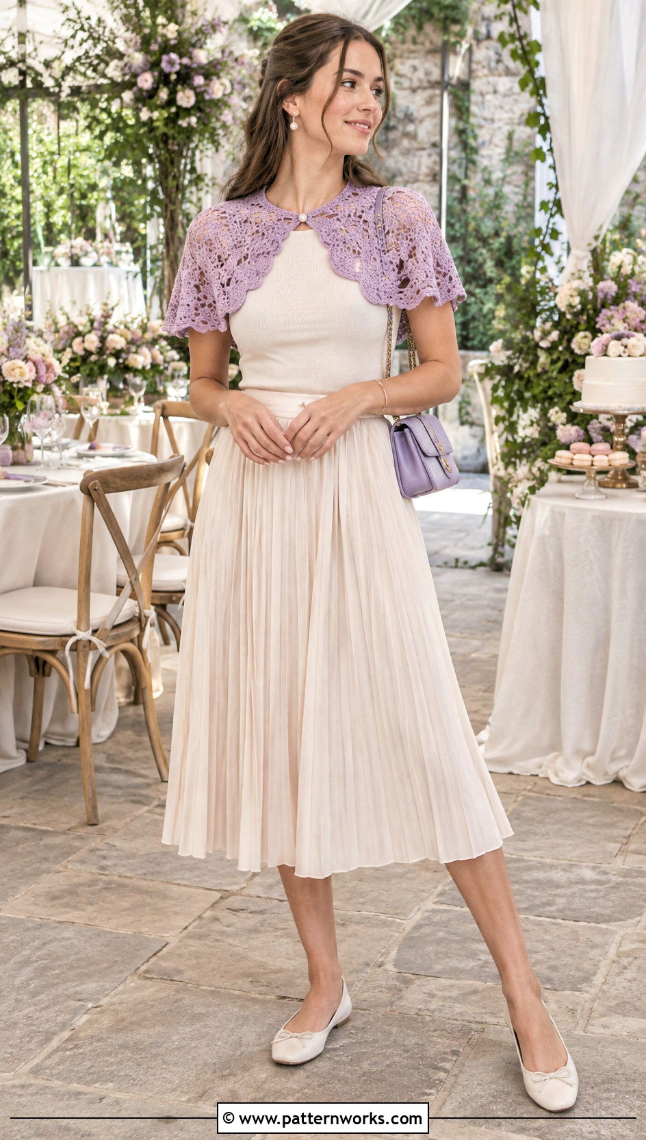 Pastel Crochet Caplet Shawl With Pleated Skirt - 30 crochet caplet shawl outfit ideas