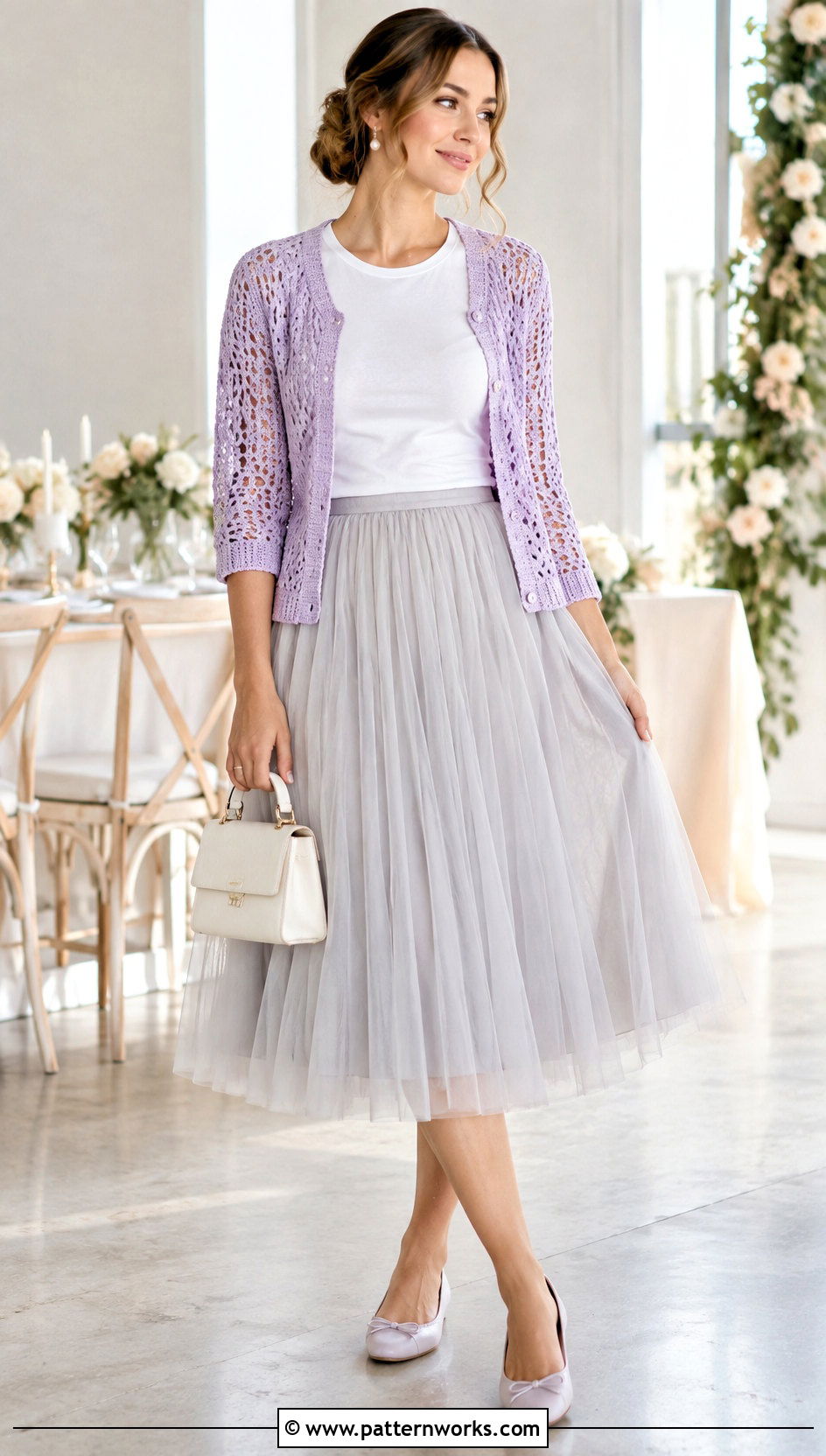 Pastel Crochet Cardigan With Tulle Midi Skirt - 24 crochet sweater and skirt outfit ideas