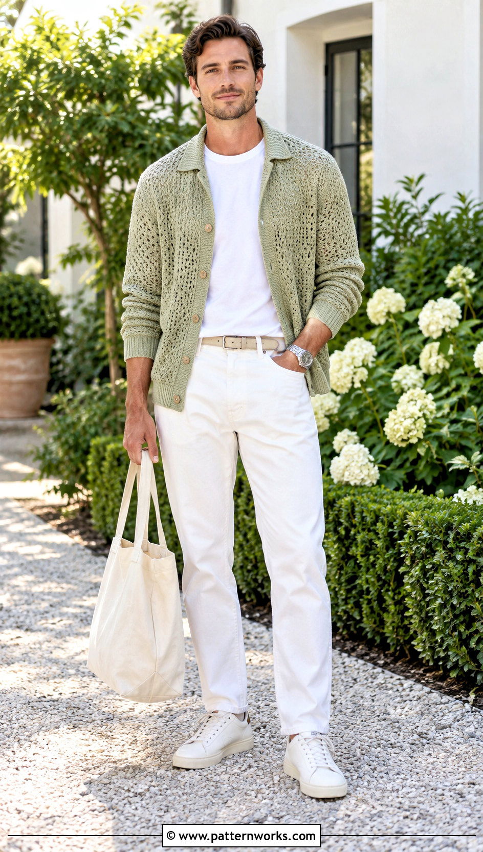 Pastel Crochet Cardigan With White Jeans - 30 crochet man cardigan outfit ideas