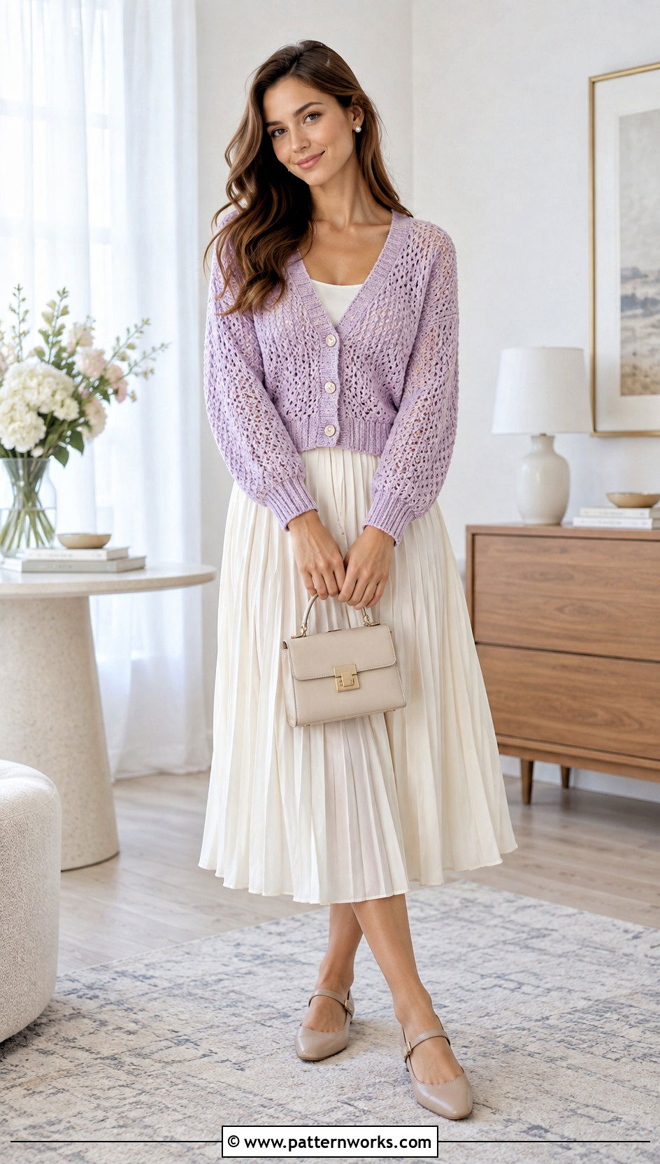 Pastel Crochet Chenille Cardigan Outfit With Pleated Skirt - 30 crochet chenille cardigan outfit ideas